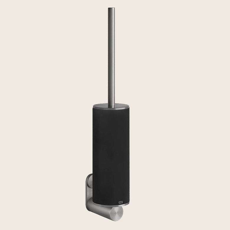 Gessi Porta scopino wc a muro nero steel brushed montato a parete, vista del design e della finitura