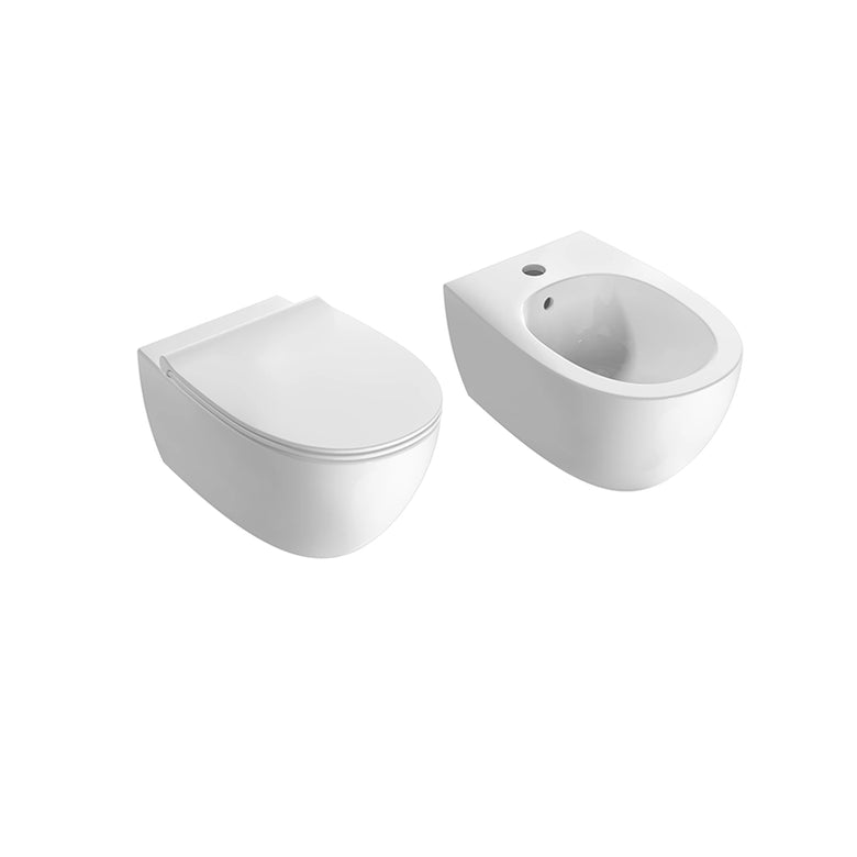 Globo 4LL coppia sanitari sospesi senza brida sedile, vista frontale su sfondo bianco - Ceramica Globo