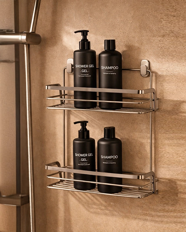 Griglia vasca doccia 2 ripiani acciaio cromo in cromato installato in bagno moderno con ante in vetro temperato - Exagonshop