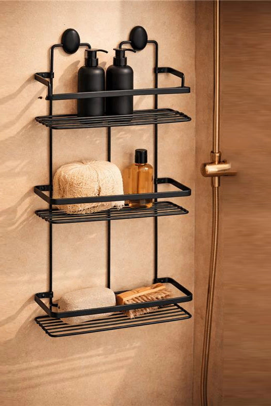 Griglia vasca doccia 3 ripiani in acciaio nero opaco installato in bagno moderno con ante in vetro temperato - Exagonshop