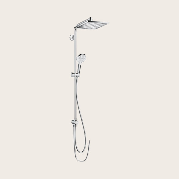 Hansgrohe Crometta E Colonna doccia con soffione e doccetta in lucido, vista frontale della maniglia e della bocca di...