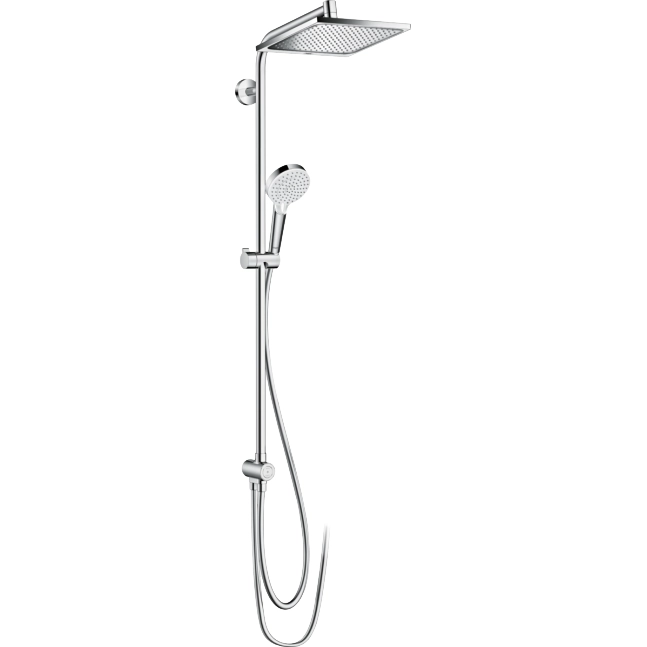 Hansgrohe Crometta E Colonna doccia con soffione e doccetta, dettaglio ravvicinato della finitura e del marchio