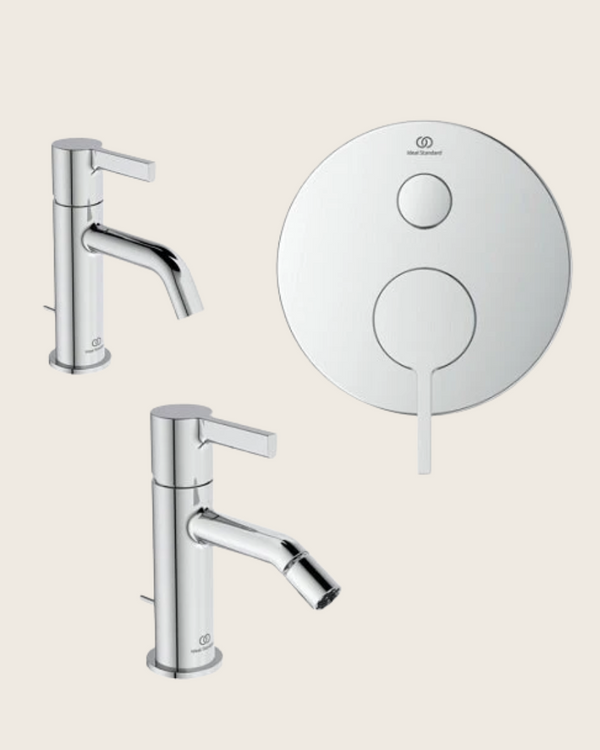 Ideal Standard Joy Set Rubinetti Bagno Lavabo bidet e Cromo Lucido visto dall'alto con superficie e piletta di scarico