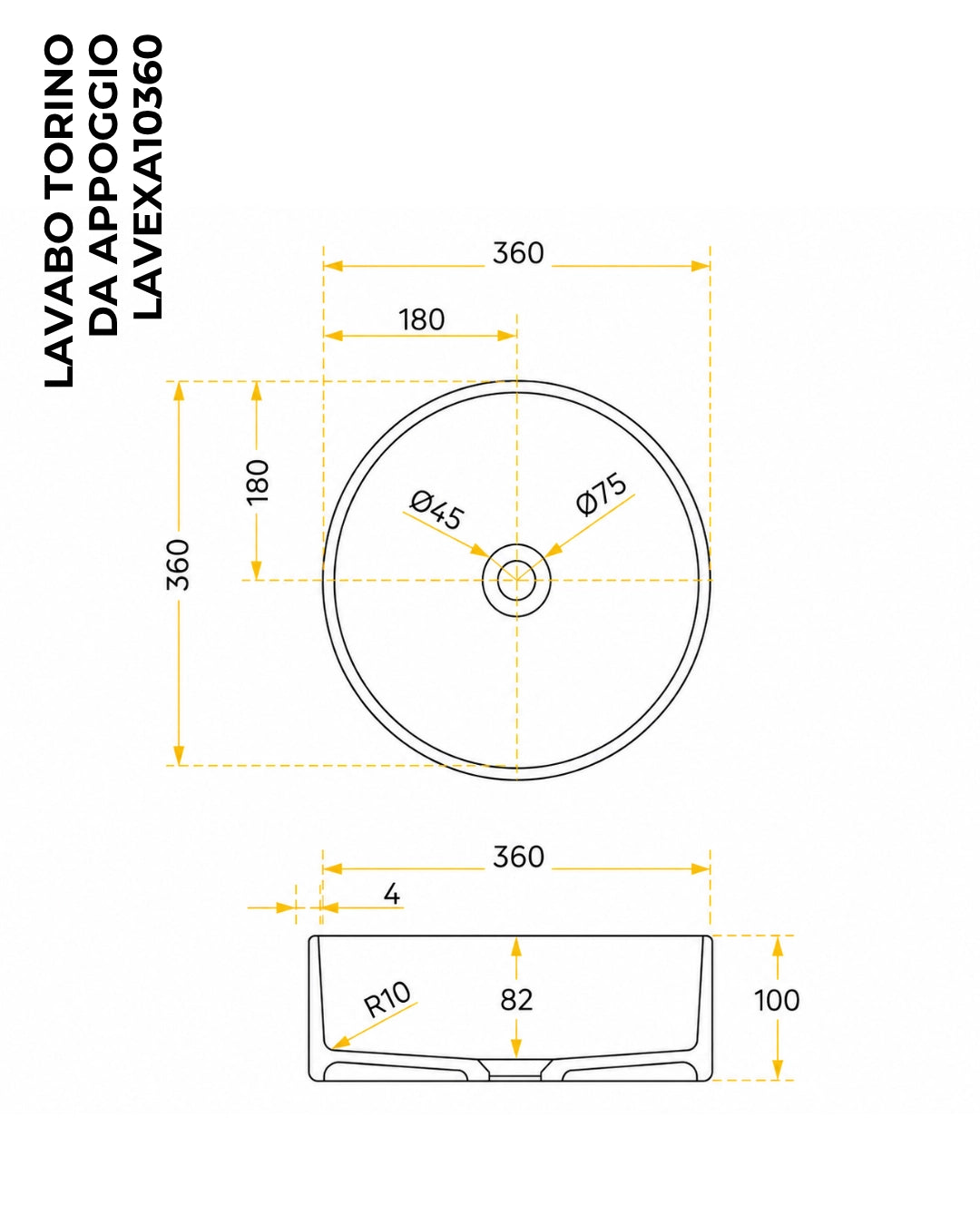 Lavabo 36 cm da appoggio Torino solid surface bianco opaco