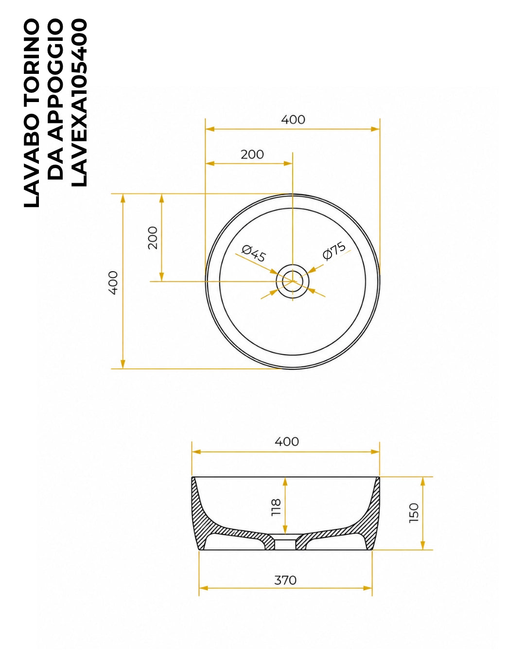 Lavabo 40 cm da appoggio Torino solid surface bianco opaco