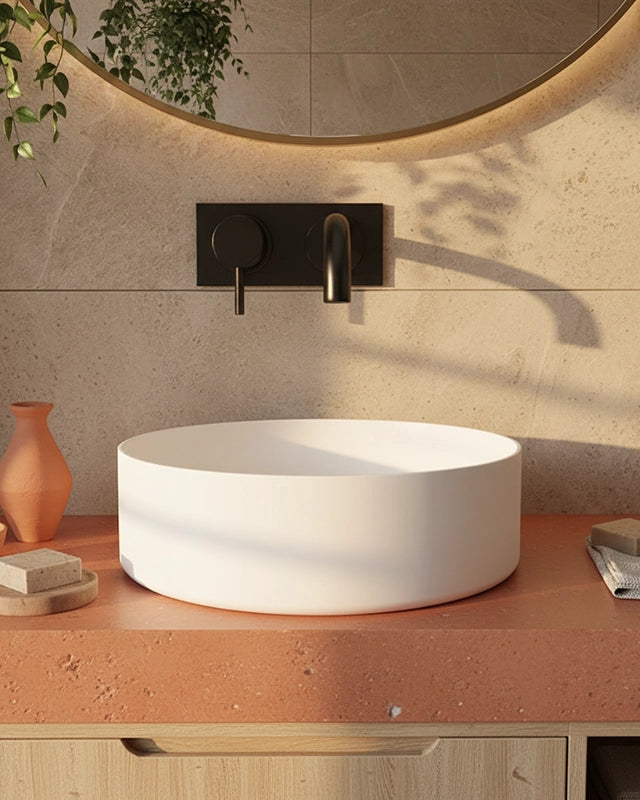 Lavabo 36 cm da appoggio Torino solid surface bianco opaco ambientato su piano bagno con accessori - Exagonshop