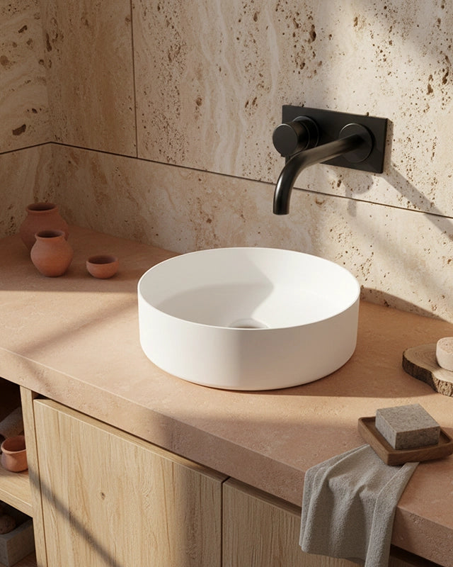 Lavabo 36 cm da appoggio Torino solid surface bianco opaco, vista frontale su sfondo bianco - Exagonshop