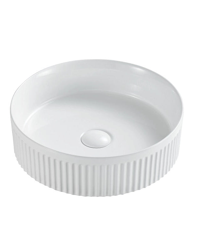 Lavabo 37 cm tondo Roma cannettato da appoggio bianco lucido, vista frontale su sfondo bianco - Exagonshop