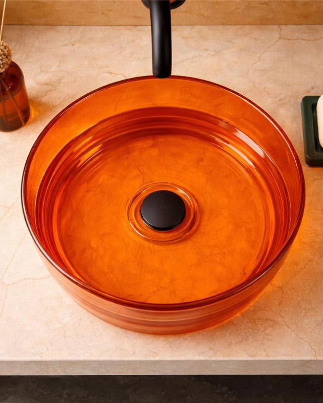 Lavabo 40 cm ciotola da appoggio Ischia in resina ambra visto dall'alto con scarico e interno visibili - Exagonshop