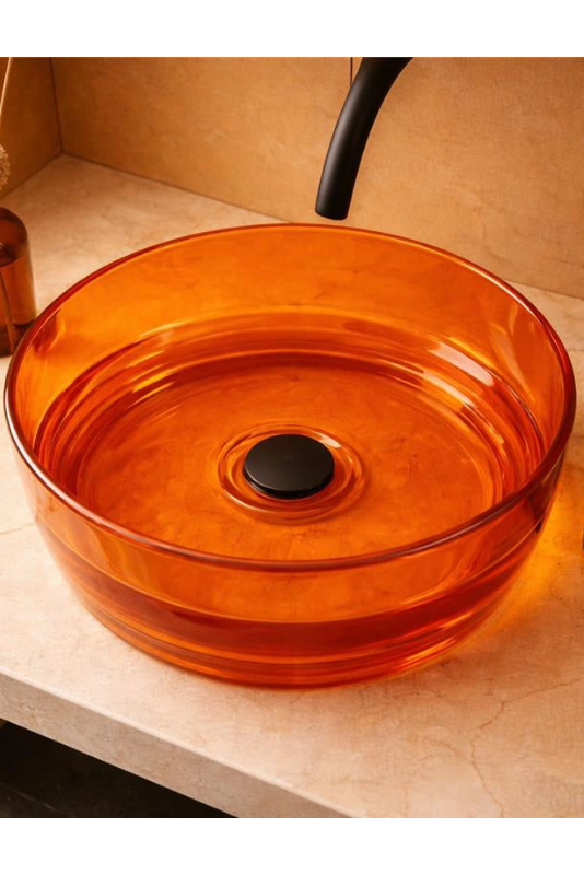 Lavabo 40 cm ciotola da appoggio Ischia in resina ambra, vista frontale su sfondo bianco - Exagonshop