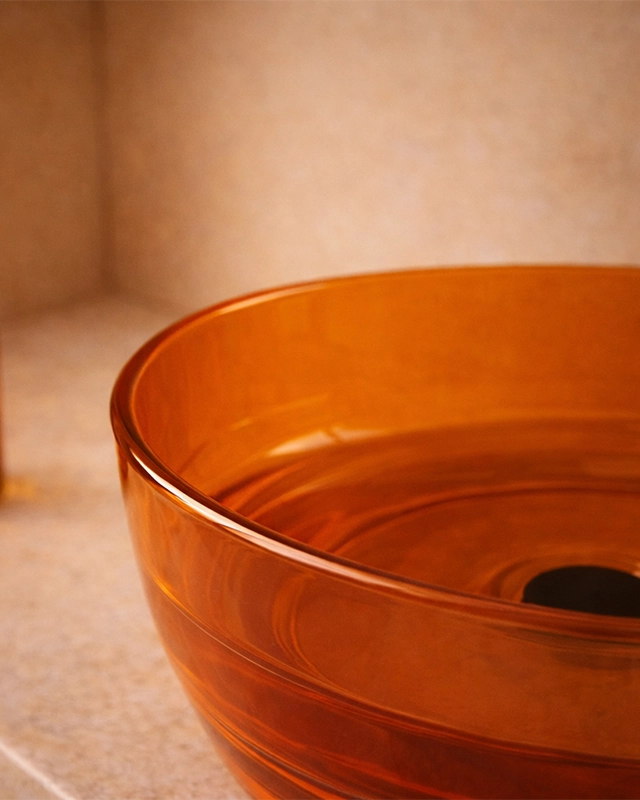 Lavabo 40 cm ciotola da appoggio Ischia in resina ambra, vista laterale del profilo e della forma - Exagonshop