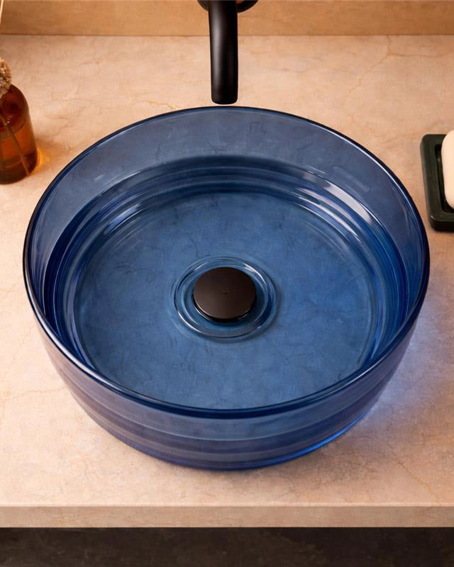 Lavabo 40 cm ciotola da appoggio Ischia in resina blu, vista frontale su sfondo bianco - Exagonshop