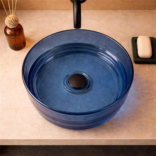 Lavabo 40 cm ciotola da appoggio Ischia in resina blu, vista frontale su sfondo bianco - Exagonshop