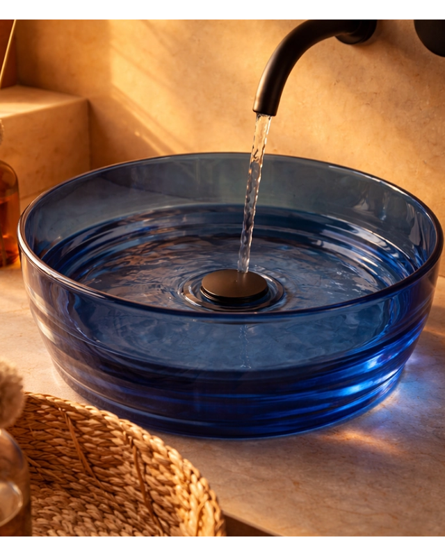 Lavabo 40 cm ciotola da appoggio Ischia in resina blu ambientato su piano bagno con accessori - Exagonshop