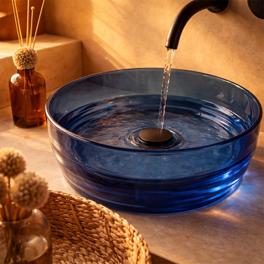 Lavabo 40 cm ciotola da appoggio Ischia in resina blu ambientato su piano bagno con accessori - Exagonshop