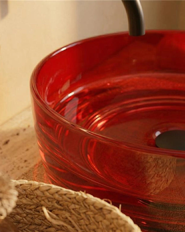 Lavabo 40 cm ciotola da appoggio Ischia in resina rosso, vista laterale del profilo e della forma - Exagonshop