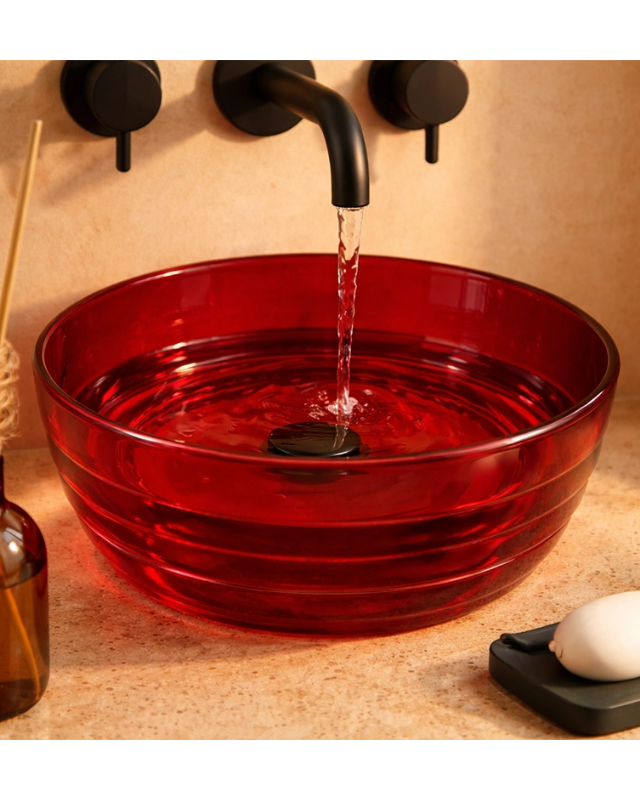 Lavabo 40 cm ciotola da appoggio Ischia in resina rosso, vista frontale su sfondo bianco - Exagonshop