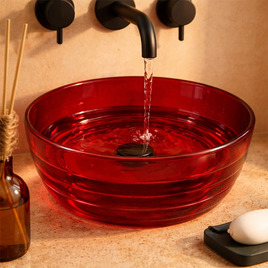 Lavabo 40 cm ciotola da appoggio Ischia in resina rosso, vista frontale su sfondo bianco - Exagonshop