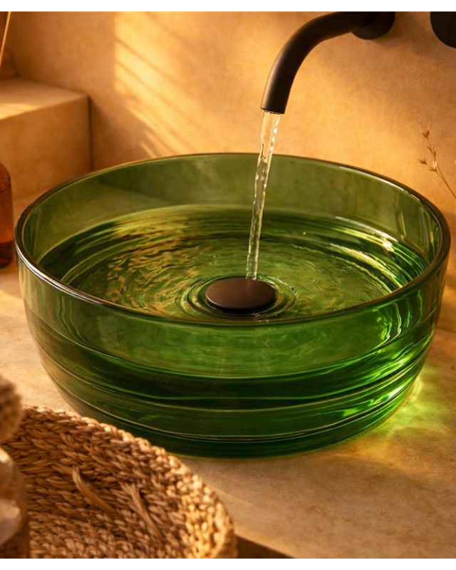 Lavabo 40 cm ciotola da appoggio Ischia in resina verde ambientato su piano bagno con accessori - Exagonshop