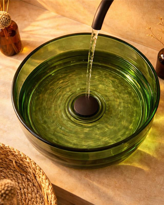 Lavabo 40 cm ciotola da appoggio Ischia in resina verde, vista frontale su sfondo bianco - Exagonshop
