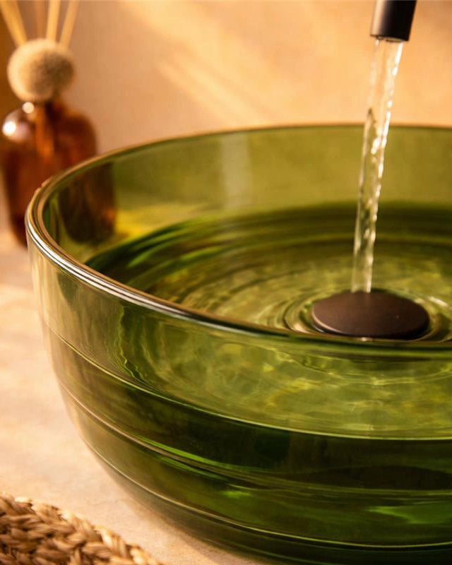 Lavabo 40 cm ciotola da appoggio Ischia in resina verde, vista laterale del profilo e della forma - Exagonshop