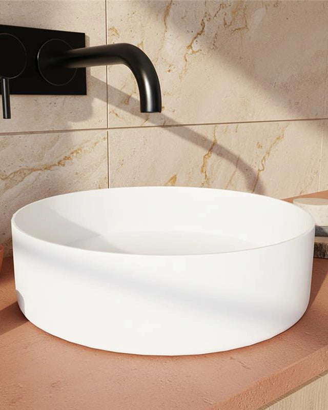 Lavabo 40 cm da appoggio Torino solid surface bianco opaco Bianco Matt, vista frontale su sfondo bianco - Exagonshop
