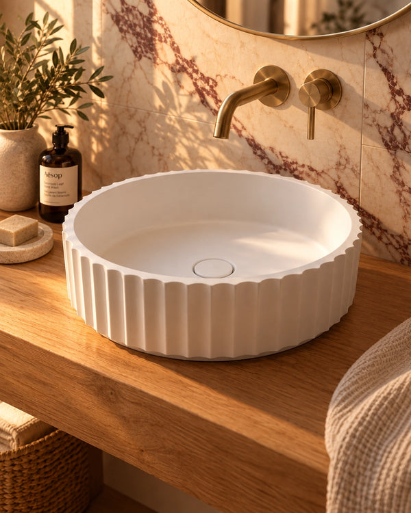 Lavabo 40 tondo cannettato da appoggio in cemento bianco Atene