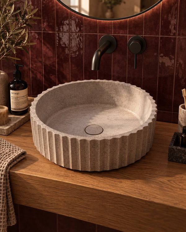 Lavabo 40 tondo cannettato da appoggio in cemento effetto pietra Atene