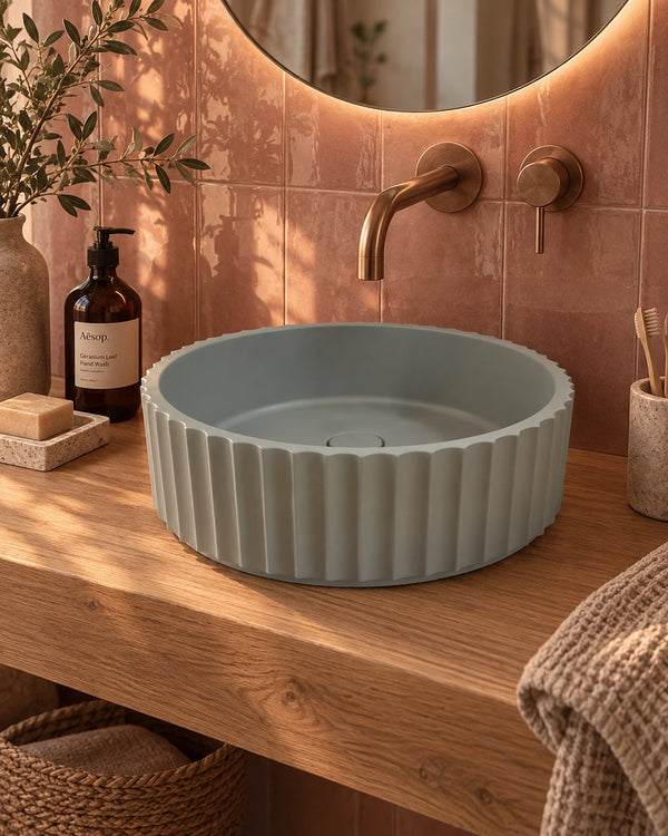 Lavabo 40 tondo cannettato da appoggio in cemento salvia Atene