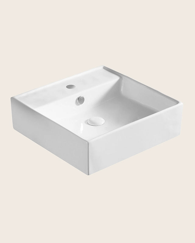 Lavabo 465x465 cm Da appoggio Bianco LINPHA LA40 in ceramica ambientato su piano bagno con accessori - Exagonshop