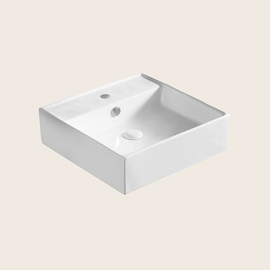 Lavabo 465x465 cm Da appoggio Bianco LINPHA LA40 in ceramica ambientato su piano bagno con accessori - Exagonshop