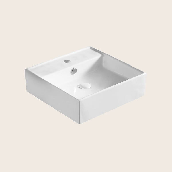 Lavabo 465x465 cm Da appoggio Bianco LINPHA LA40 in ceramica ambientato su piano bagno con accessori - Exagonshop
