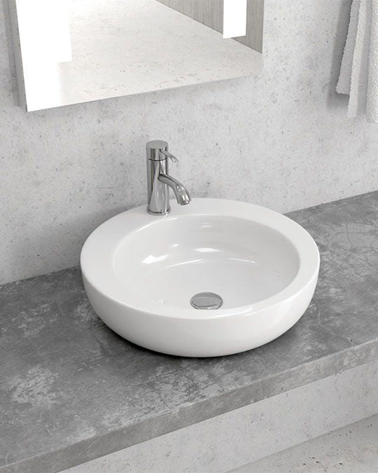 Lavabo 46 Cm da Appoggio con bordo rubinetteria In Porcellana Bianco New Line Ovo