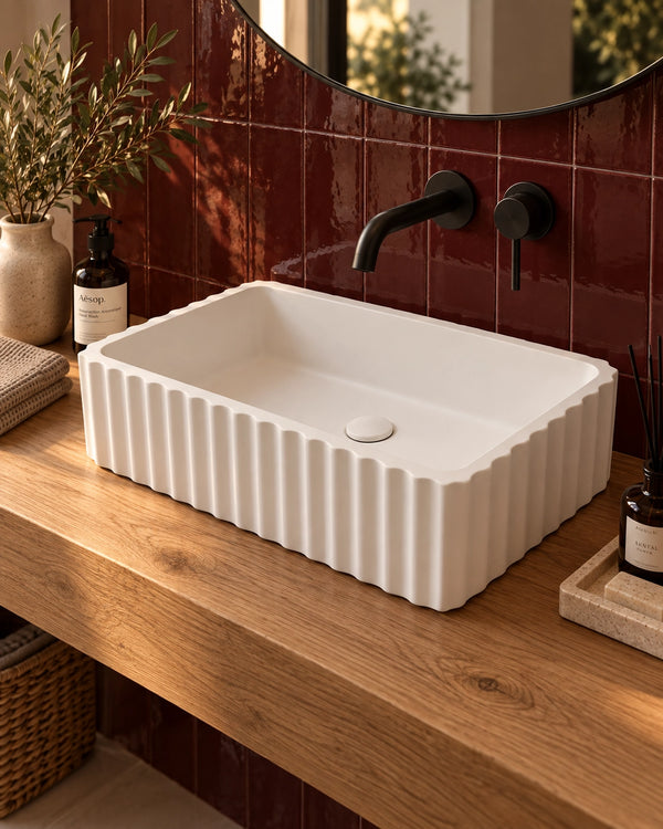 Lavabo 50x30 cannettato rettangolare da appoggio bianco opaco Atene