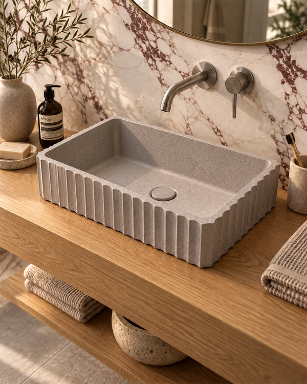 Lavabo 50x30 cannettato rettangolare da appoggio in cemento pietra Atene