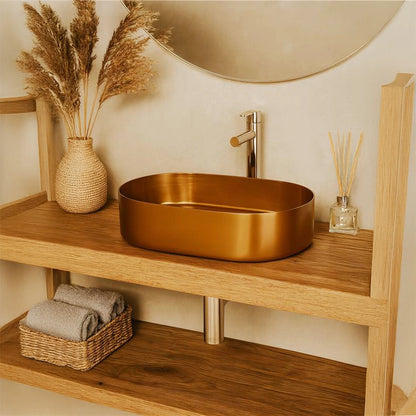 Lavabo 55x35 da appoggio con valvola e flessibile oro rosa