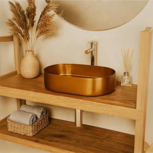 Lavabo 55x35 da appoggio con valvola e flessibile oro rosa