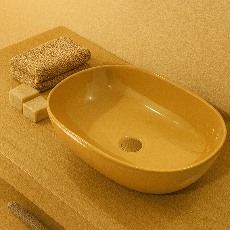 Lavabo 60x39 Da Appoggio Curry Lucido Milk Extreme Nic ambientato su piano bagno con accessori - Nic Design
