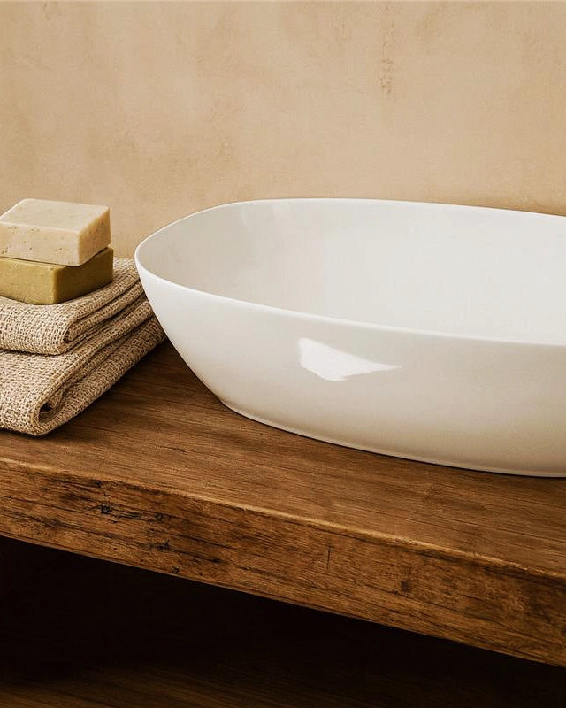 Lavabo 60x39 da appoggio in ceramica per mobile bagno in lucido, vista principale del prodotto - Exagonshop