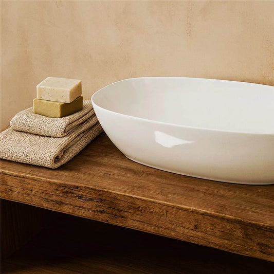 Lavabo 60x39 da appoggio in ceramica per top mobile bagno Bianco Lucido