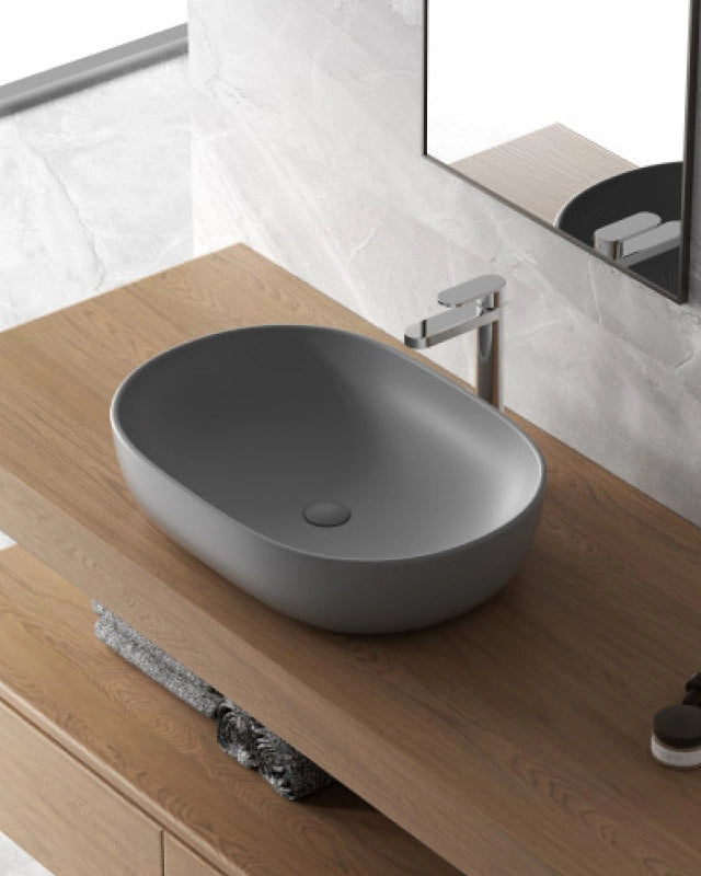 Lavabo a ciotola 60x41 cm grigio opaco in ceramica, vista frontale su sfondo bianco - Exagonshop