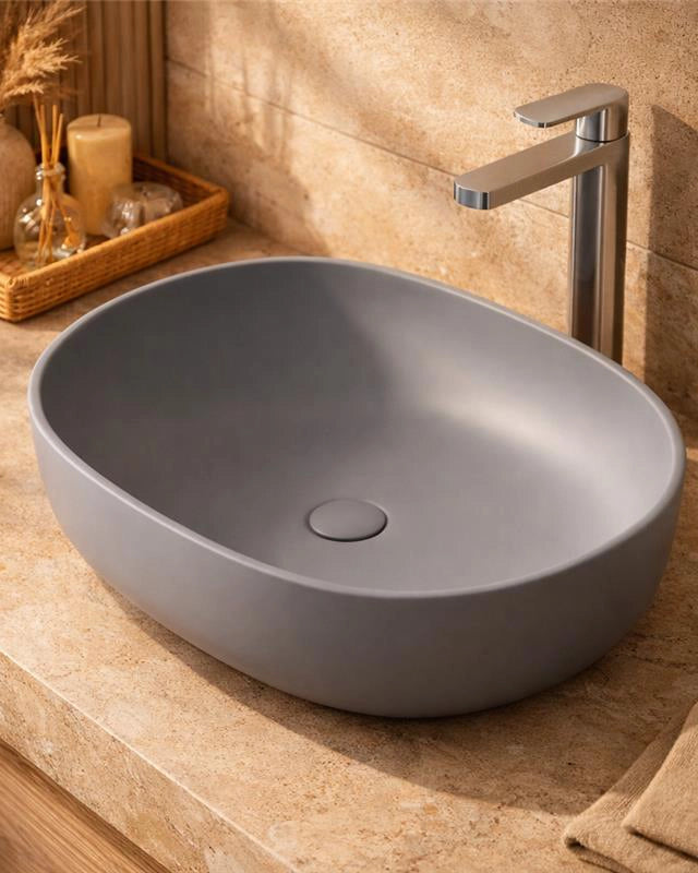 Lavabo a ciotola 60x41 cm grigio opaco in ceramica in naturale ambientato su piano bagno con accessori - Exagonshop