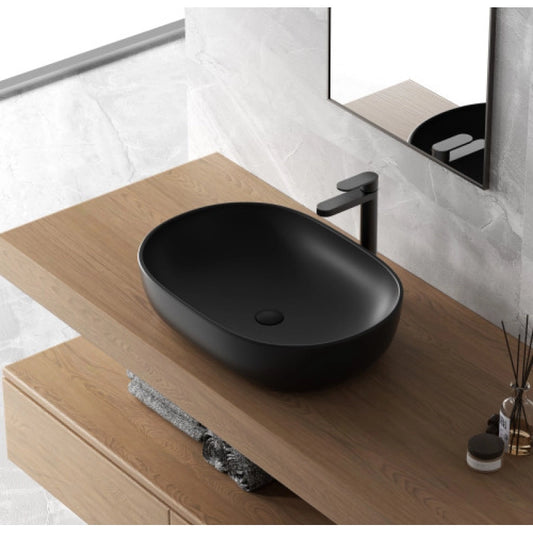 Lavabo a ciotola 60x41 cm nero opaco in ceramica, vista frontale su sfondo bianco - Exagonshop