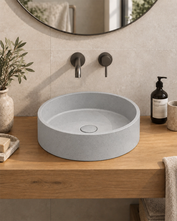 Lavabo tondo 39 cm da appoggio in cemento grigio Capri