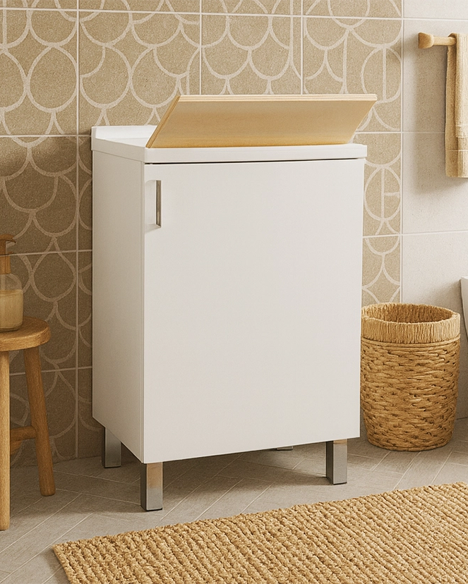 Lavatoio 50x50 bianco con gocciolatoio installato su lavello, vista della bocca e della leva - Exagonshop