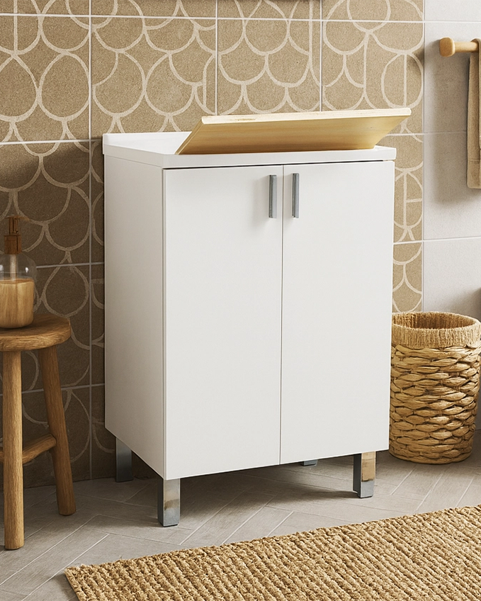 Lavatoio 60x50 bianco due ante e gocciolatoio installato su lavello, vista della bocca e della leva - Exagonshop