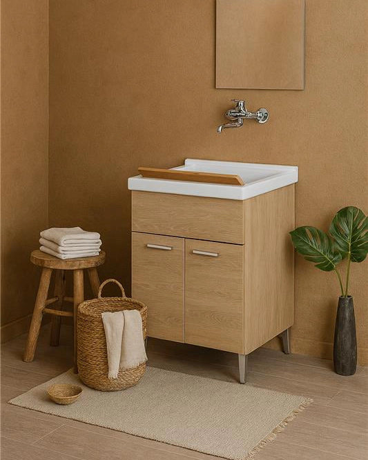 Lavatoio 60x50 rovere con vasca in resina e tavoletta Stella, dettaglio della doccetta estraibile - Exagonshop