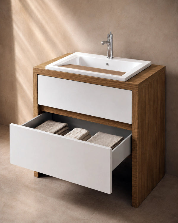 Lavatoio 79x65 noce e bianco opaco con cassetto e vasca in termoforato