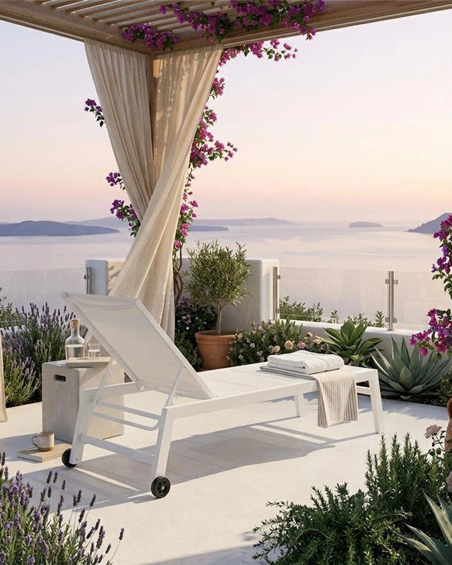 Lettino sdraio prendi sole da giardino con ruote in ambientato in spazio living con arredi coordinati - Exagonshop