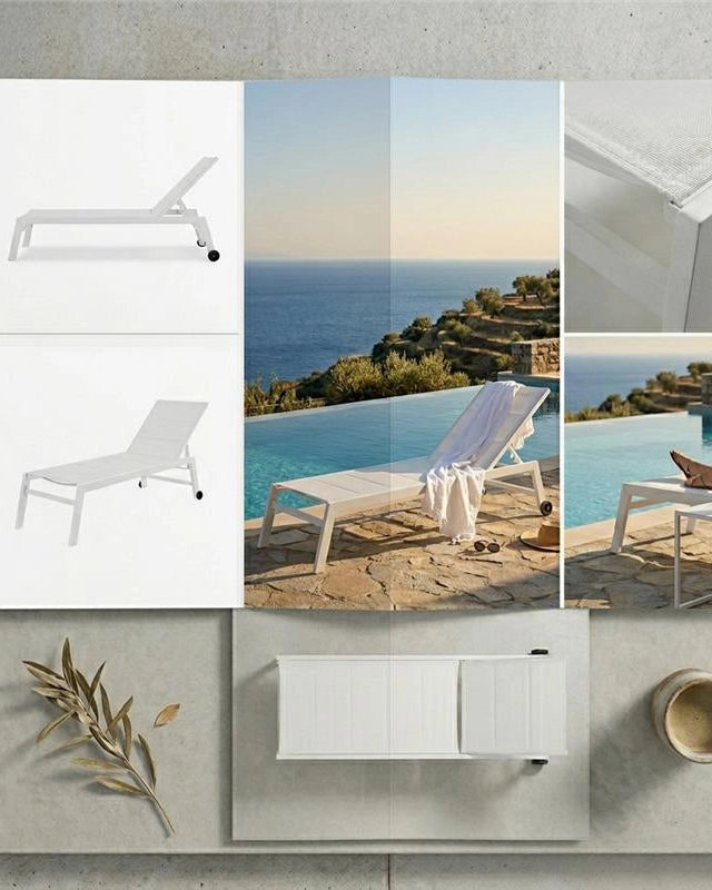 Lettino sdraio prendi sole da giardino con ruote in visto dall'alto, composizione e proporzioni - Exagonshop